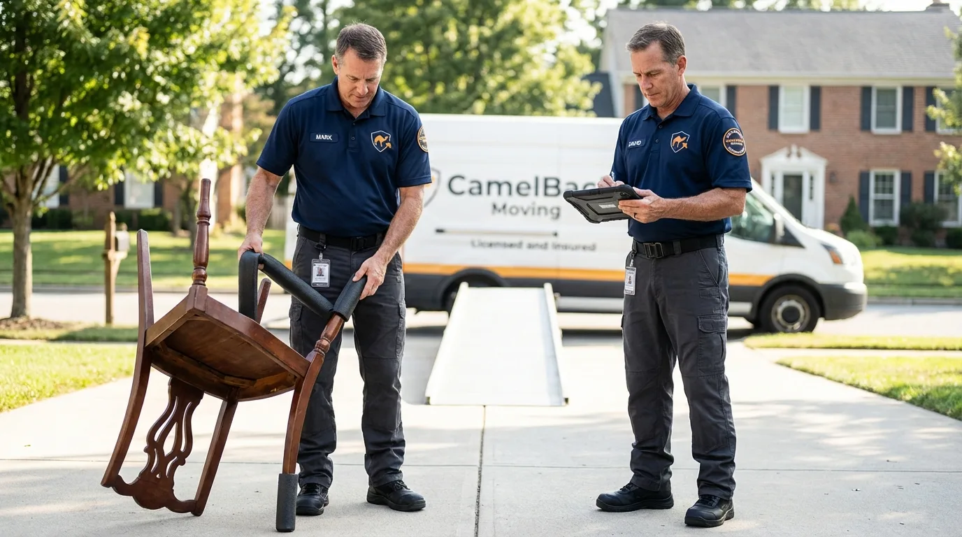 Movers inspecting furniture for damage prevention before loading in Lima, NY