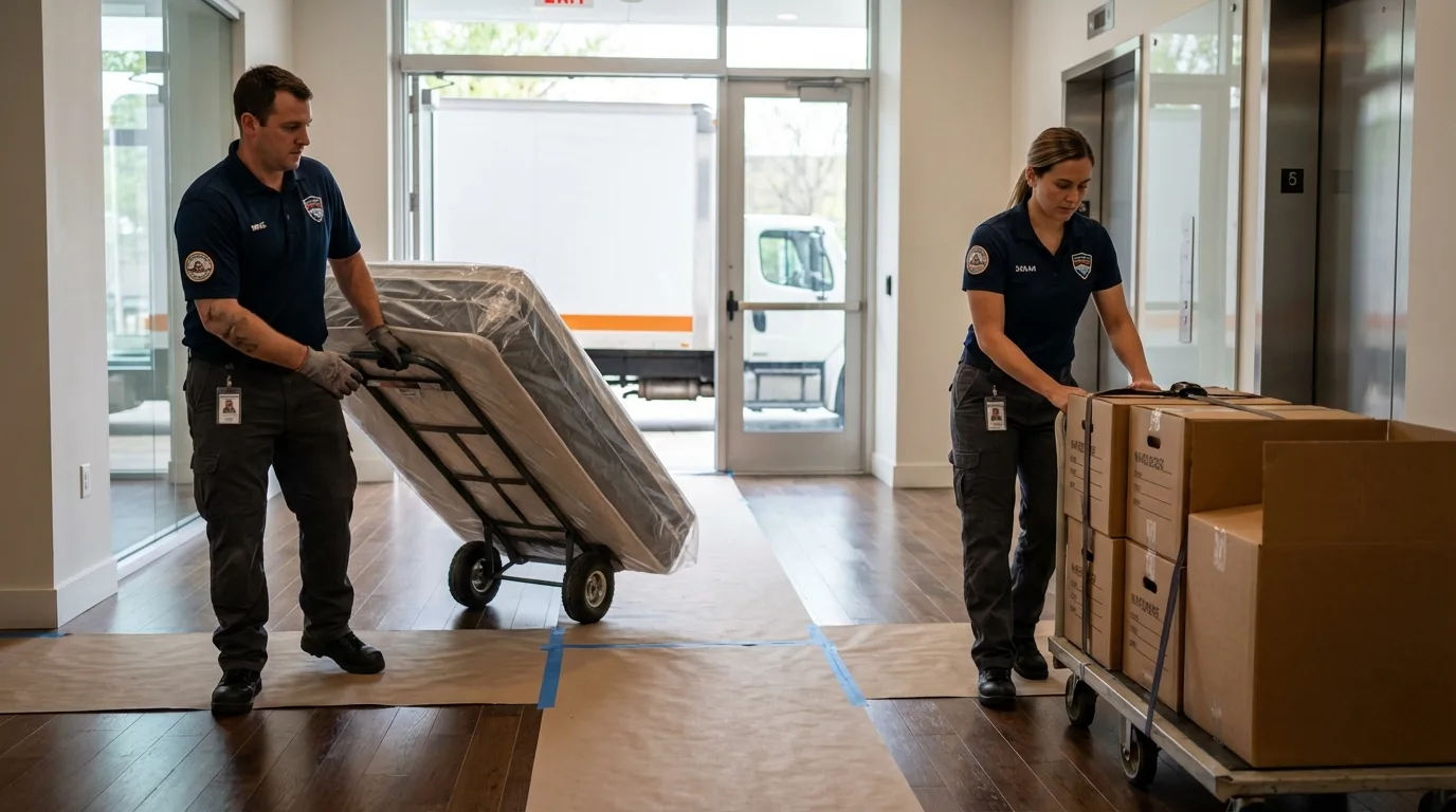 Professional apartment movers loading elevator in Lima, NY
